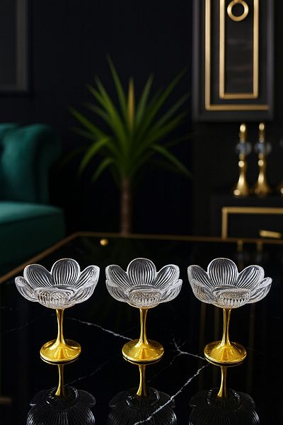 Gülümseten Avm Glass Lotus Flower Patterned Presentation Bowl with Gold Feet – Coffee Side Snack and Sugar Bowl – Set of 3