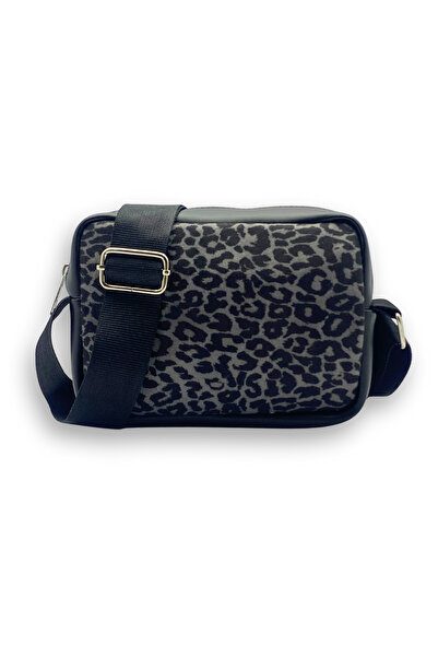 Bersia Kadın Siyah Leopar Desenli Çapraz Askılı Fermuarlı Ayarlanabilir Askılı Model El Kol Ve Omuz Çantası