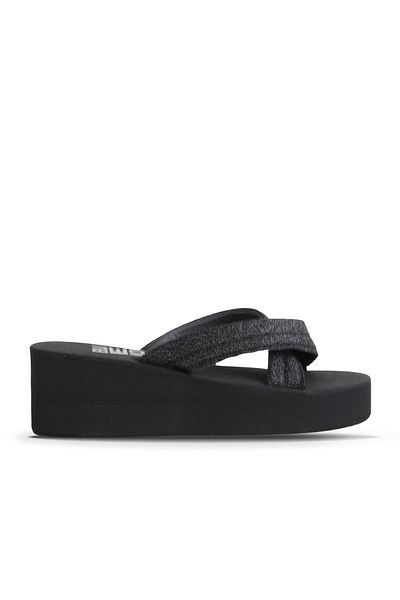 Bueno Shoes Black Sand Glitter Women's Wedge Heeled Slippers 26Wt230064