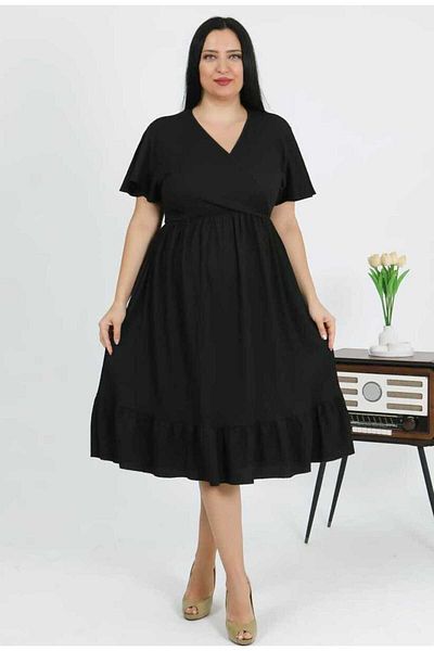 FOR ESRA BIG TREND Women's Plus Size Double Breasted Collar Underbust Elastic Skirt Ruffle Flounced Wrap Dress