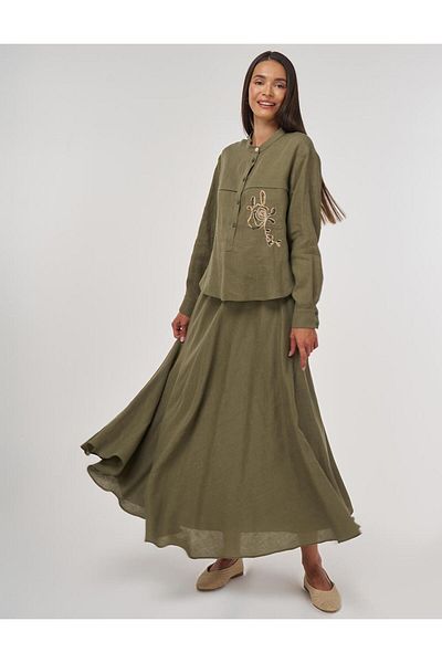 Kayra 100% Linen Skirt Suit Khaki