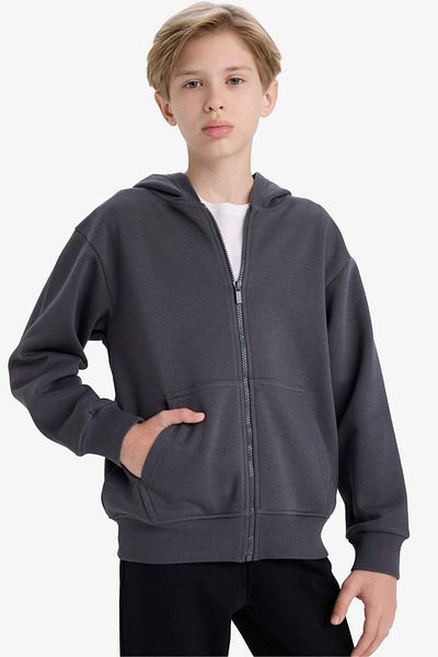 DeFacto Boys' Hooded Basic Plain School Zippered Sweatshirt X7382A625Wn