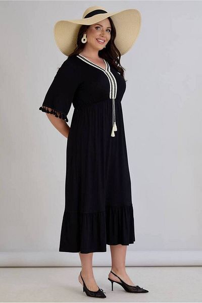 FOR ESRA BIG TREND Women's Plus Size V Neck Embroidery Processing Sleeve Lace Tassel Detail Flounced Stretchy Viscose Dress