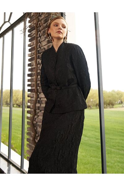 Kayra Belt Detailed Jacquard Jacket Black