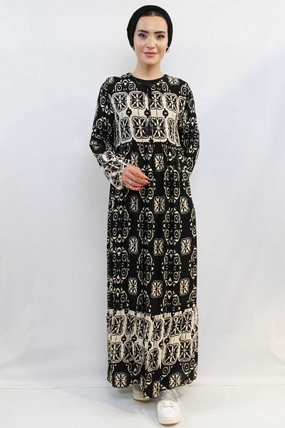 Skygo Fashion Stripe Daisy Pattern Dress Black