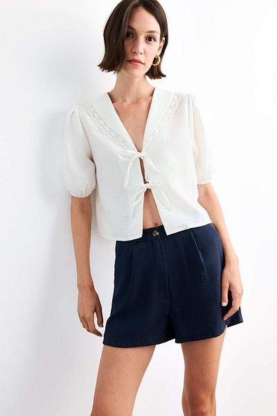 DeFacto V Neck Tie Front Short Sleeve Blouse G0652Ax25Sm