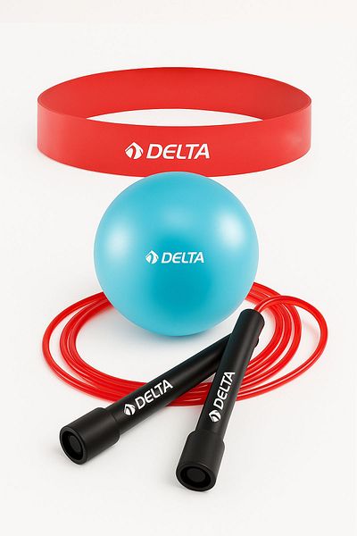 Delta Pilates Set – 20 cm Mini Pilates Ball, Light Loop Exercise Band & Jump Rope Red-Blue