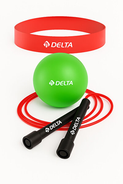 Delta Pilates Set – 20 cm Mini Pilates Ball, Light Loop Exercise Band & Jump Rope Red-Green