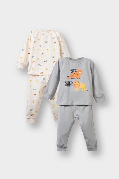 DeFacto Baby Boy 4-Piece Pajamas Set Safari Printed Long Sleeve Combed Cotton Top Long Bottom F7197A525Au