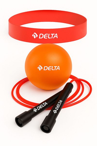 Delta Pilates Set – 20 cm Mini Pilates Ball, Light Loop Exercise Band & Jump Rope Red-Orange