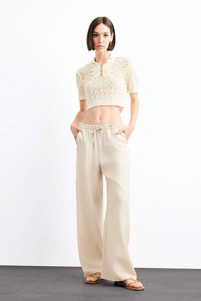 DeFacto Polo Neck Crochet Short Sleeve Knitwear Blouse F9985Ax25Sm