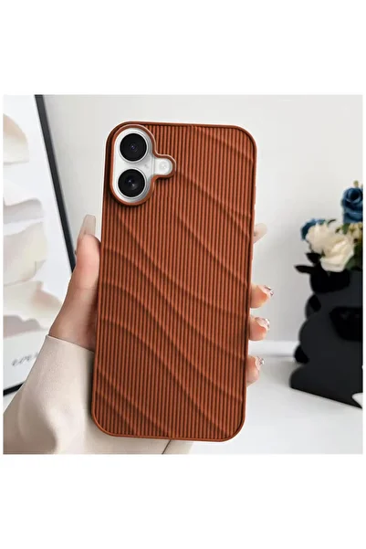 Pro Aksesuar Apple iPhone 16 Plus Compatible Case Line Striped Silicone Case Brown