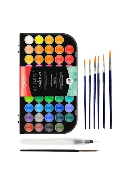 Daco Watercolors 48 colors, Daco, for children or artists, brush with reservoir and 6 normal brushes FLR