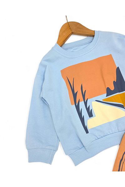 Egelite Boy's Landscape Printed Sweatshirt, Original Design Bottom Top Tracksuit Set with Striped Pantalon