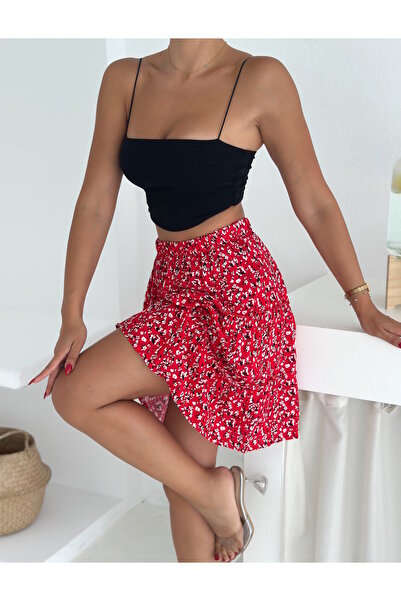 MaxiMor Fusta de damă de culoare roșie cu talie înaltă - linie A, până la genunchi, moda primăvară/vară, lungime 55 cm