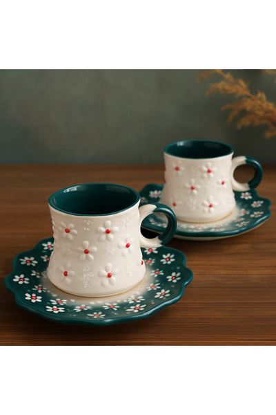 PS Porcelain El Yapımı Çiçek Desenli 2 Kişilik Kahve Fincanı