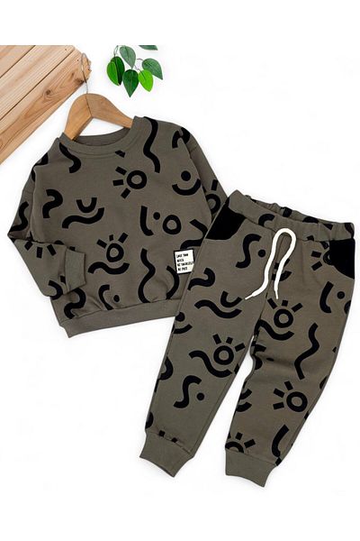 Ege Bebek Boy's Printed Thick 3 Thread Unsharmonized Bottom Top Tracksuit Set