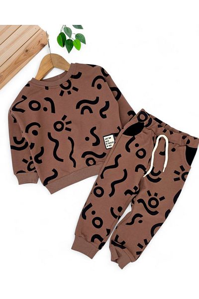 VOY KİDS Boy's Printed Thick 3 Thread Unsharmonized Bottom Top Tracksuit Set