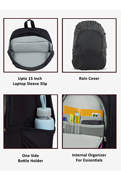 Lavie Sport 36L Jazzart Backpack | 19 inch | Laptop Compatiable | Raincover | Pencil Pouch |(Black)