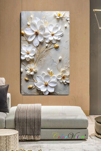 ColorVision Altın Beyaz Çiçekler Kanvas Tablo
