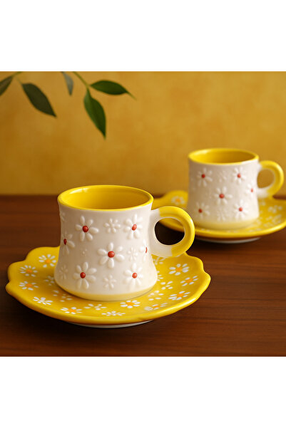 PS Porcelain El Yapımı Çiçek Desenli 2 Kişilik Kahve Fincanı