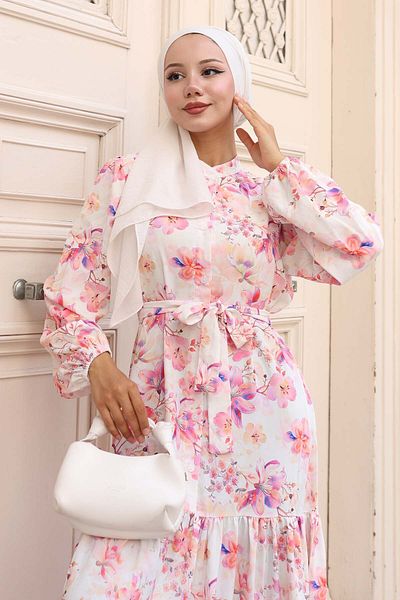 benguen Patterned Hijab Dress Pink 580