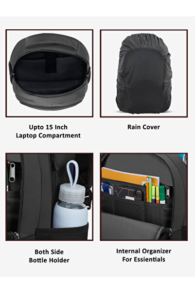 Lavie Sport 29L Atlas Backpack | 19 inches | Laptop Compatiable | Raincover | (Black/Grey)