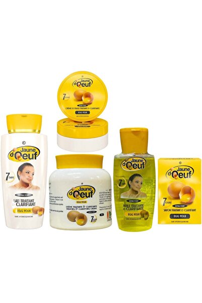 Jaune D’Oeuf لوشن الجسم المُنقي بحليب صفار البيض، بالإضافة إلى كريم وزيت وصابون