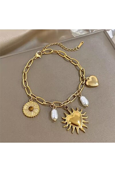 Pelin Aksesuar Heart Figured Steel Bracelet with Pearl