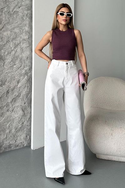 Jacarsman Women's High Waist White Palazzo Wide Leg Denim Jeans Wide Leg Jean