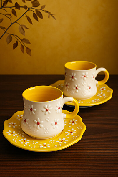 PS Porcelain El Yapımı Çiçek Desenli 2 Kişilik Kahve Fincanı