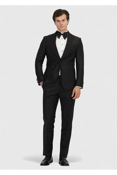 Ramsey Black Plain Modern Fit Butterfly Collar Woven Tuxedo Suit
