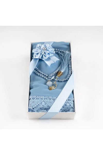 nurfemina Blue Lace Edged Shawl and Pearl Prayer Beads Gift Set - Stylish Boxed, Women's Hijab Gift