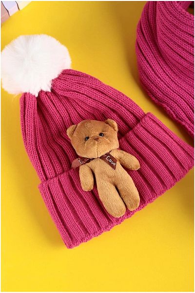 BEBENAZ Fuchsia Teddy Bear Baby Scarf-Beret Set (0-1 Year Old)