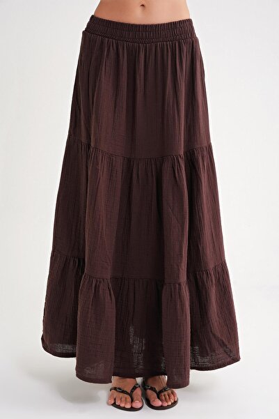 Mixray 4567 Kadın Fırfırlı Uzun Müslin Etek Kahve