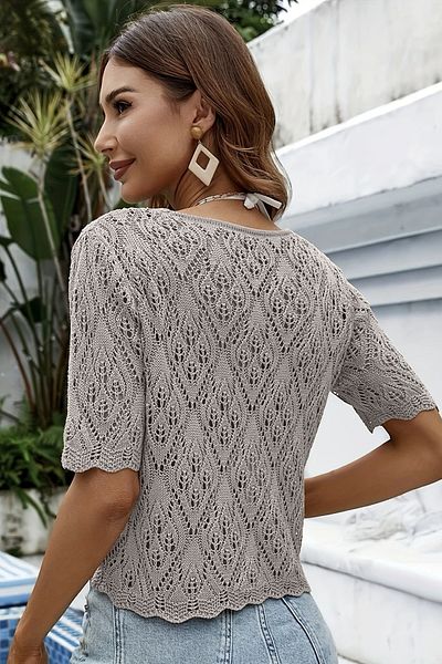 TRQOM Women's Openwork Short Sleeve Button Knitted V Neck Casual Gray Tirko Cardigan