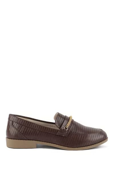 london Rag Women Brown Low Block Loafers Adorned with Golden Chain