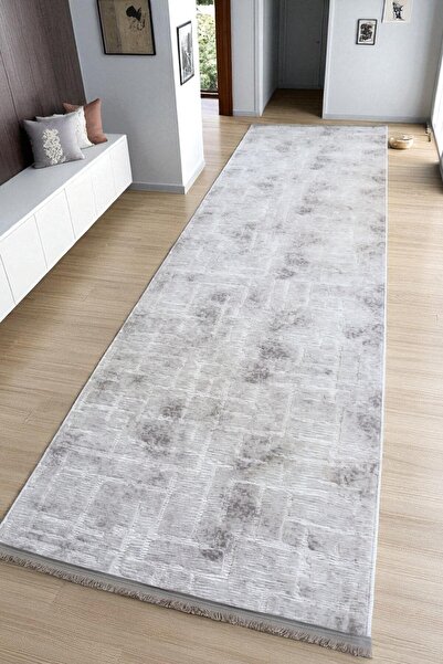 melian Aksu Fringe Stan Non-Slip Base Cutting Embossed Living Room Corridor Kitchen Washable Gray