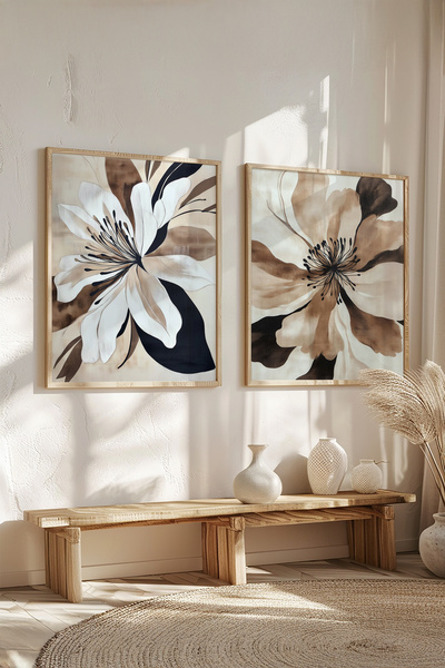 STARYUNA Set de pictură dublă pentru sufragerie cu cadru din lemn, în tonuri de maro și crem, cu flori Yuna268