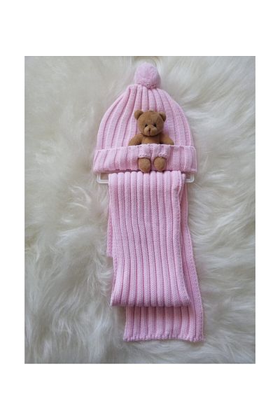BEBENAZ Powder Pink Teddy Bear and Baby Scarf-Beret Set (0-1 Years Old)