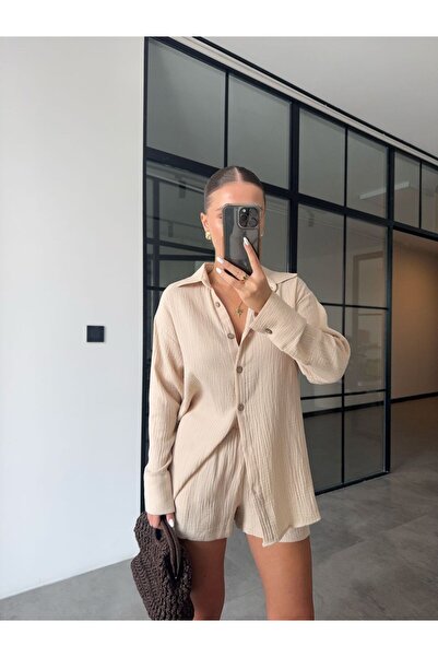 BB Bensu Buyruk SET CĂMAȘĂ BEJ, PANTALONI SCURTĂ, MUSLINĂ