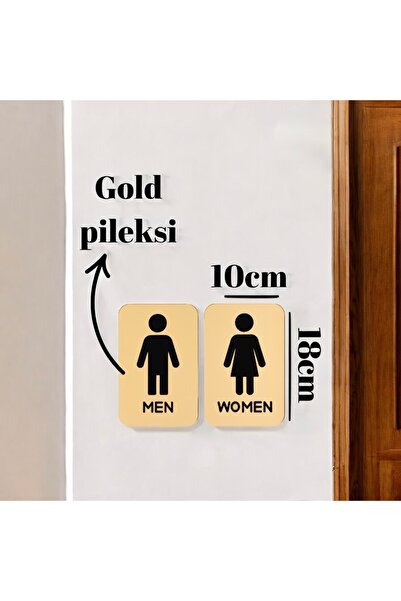 HippoDeco Gold/Gümüş Pleksi Ahşap WC Kapı Tabelası – Men Women Tuvalet İşareti Levhası (10x18 cm)