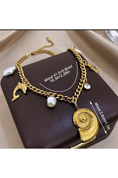 Pelin Aksesuar Charm Steel Necklace with Seashell, Sun Fish Figure