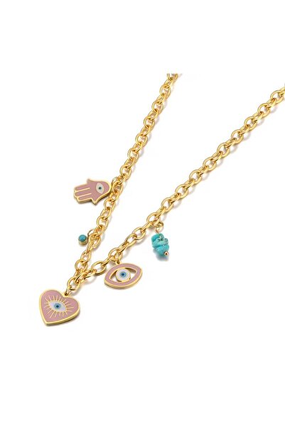 Pelin Aksesuar Charm Steel Necklace with Pink Heart and Eye Figures