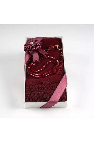 nurfemina Burgundy Lace Edged Shawl and Pearl Prayer Beads Gift Set - Special Boxed, Stylish Hijab Gift