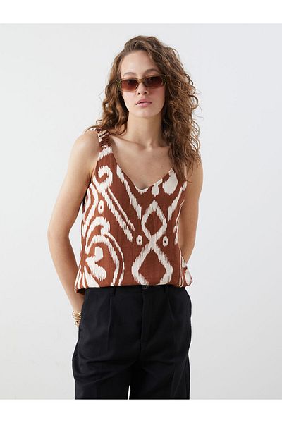 LC Waikiki Quality Parts from Celebi Store |   Orange V-Neck Patterned Suspender Blouse
