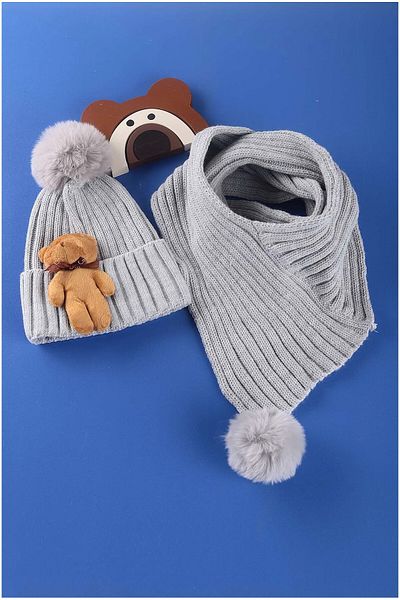 BEBENAZ Gray Teddy Bear Baby Scarf-Beret Set (0-1 Year Old)