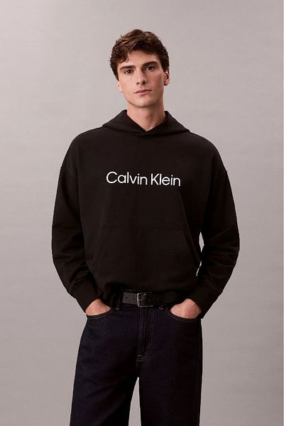 Calvin Klein Men's Relaxed Fit Hooded Logo Printed Sweatshirt - Black