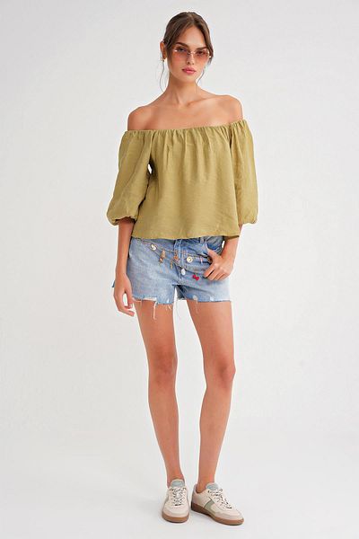 Mixray 4706 Women's Backless Balloon Sleeve Strapless Blouse Fat Green
