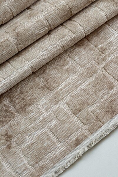 melian Aksu Fringed Stan Non-Slip Base Cutting Embossed Living Room Corridor Kitchen Washable Condition Beige